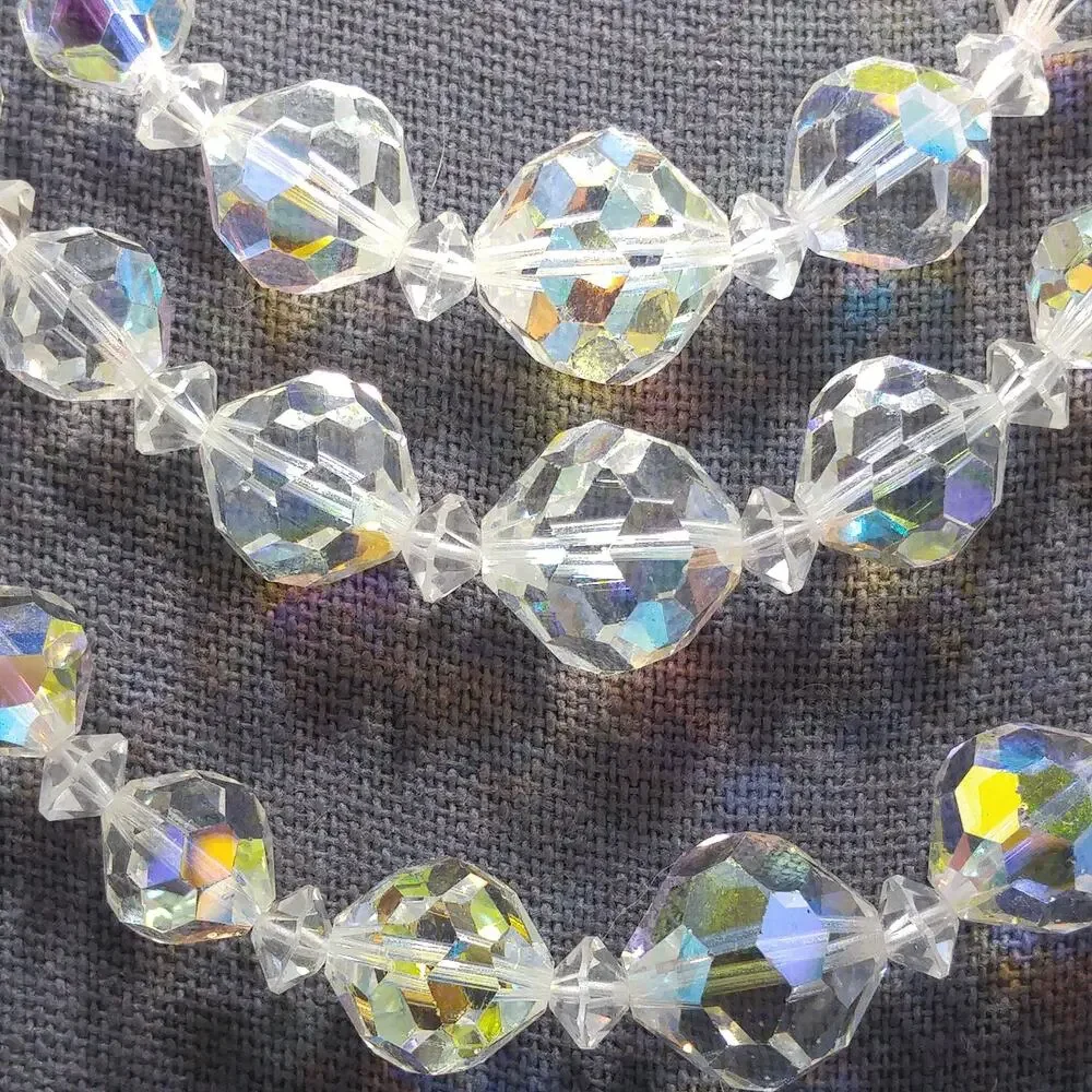 Vintage AB Crystal Necklace Set 1950s Triple Strand Earrings